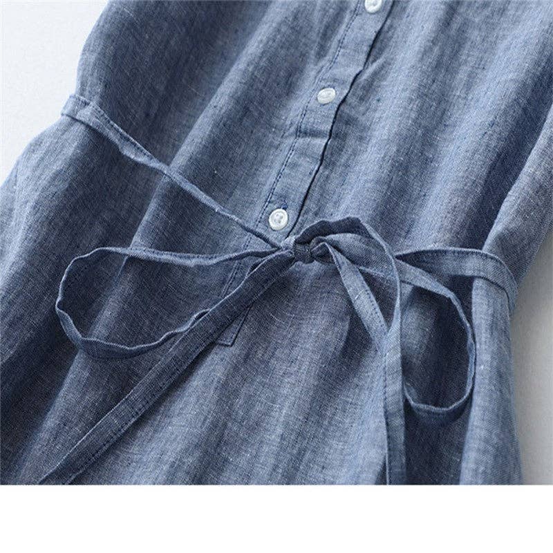 Half-Opening Buckle Waist Frenulum Polo Collar Mid Length Dress: DEEP SKY BLUE / S