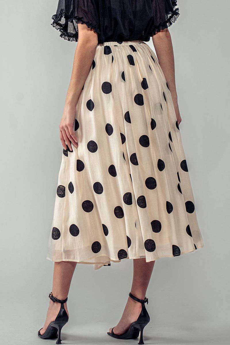 Polka Dot Pleated Midi Skirt w/Flowing Silhouette: CREAM