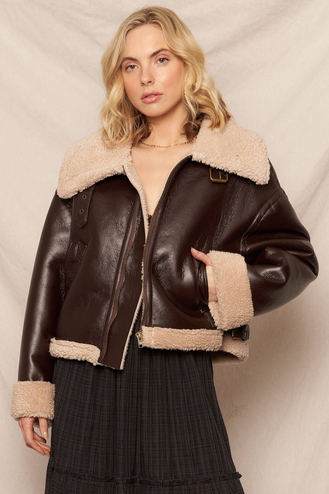 Oversized Faux Leather Aviator Jacket with Sherpa Trim: Brown / M