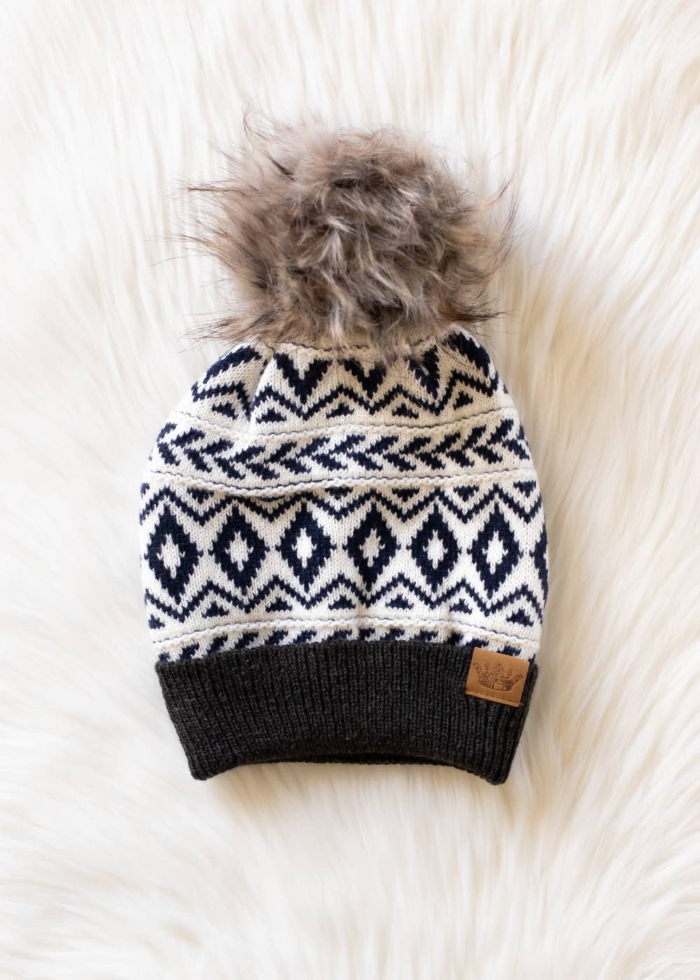 Ivory, Navy & Dk. Gray Pattern Pom Hat