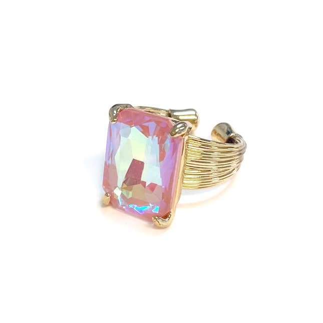 Square Glass Cushion Cut Cocktail Adjustable Wire Ring: GREEN-AB