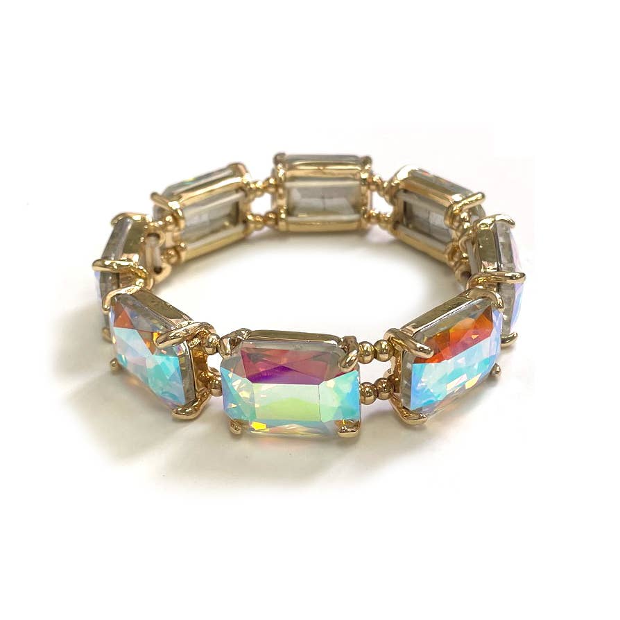 Rectangular Glass Crystal Linked Stretch Bracelet: Black Multi