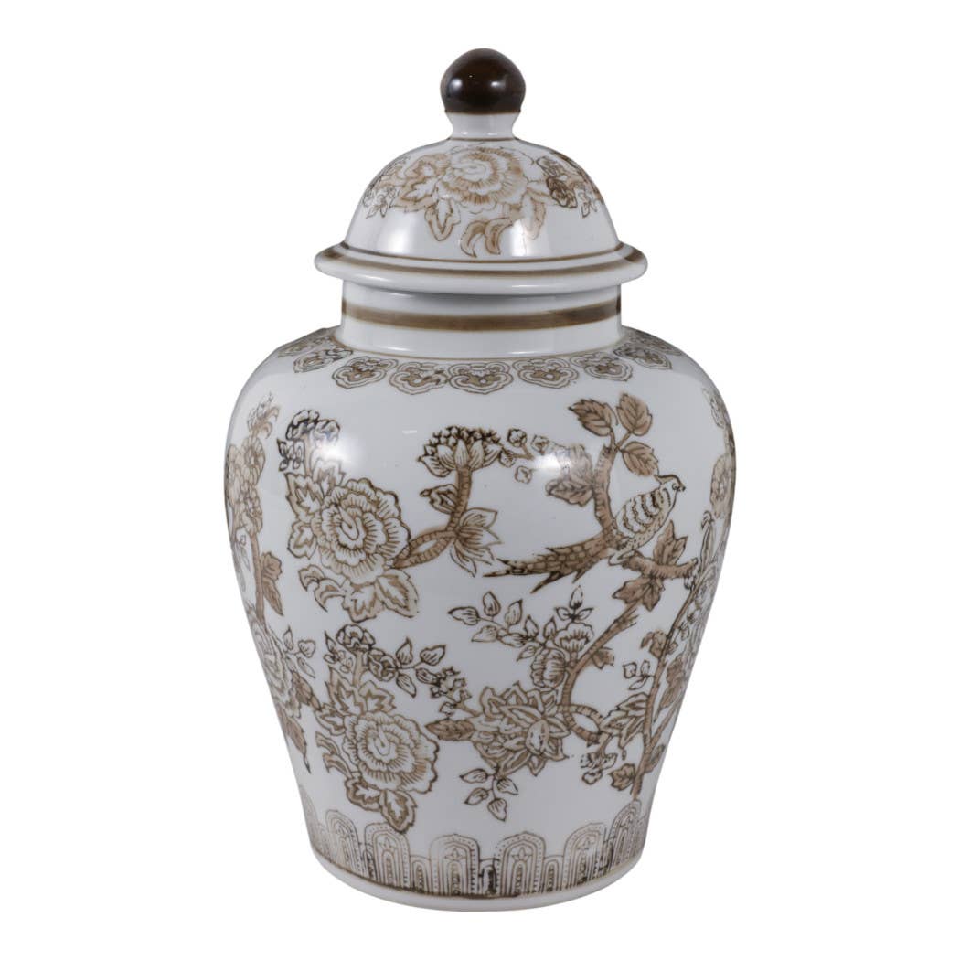 Decorative Jar - Brown/White Ceramic Chinoiserie Bird, 12 in