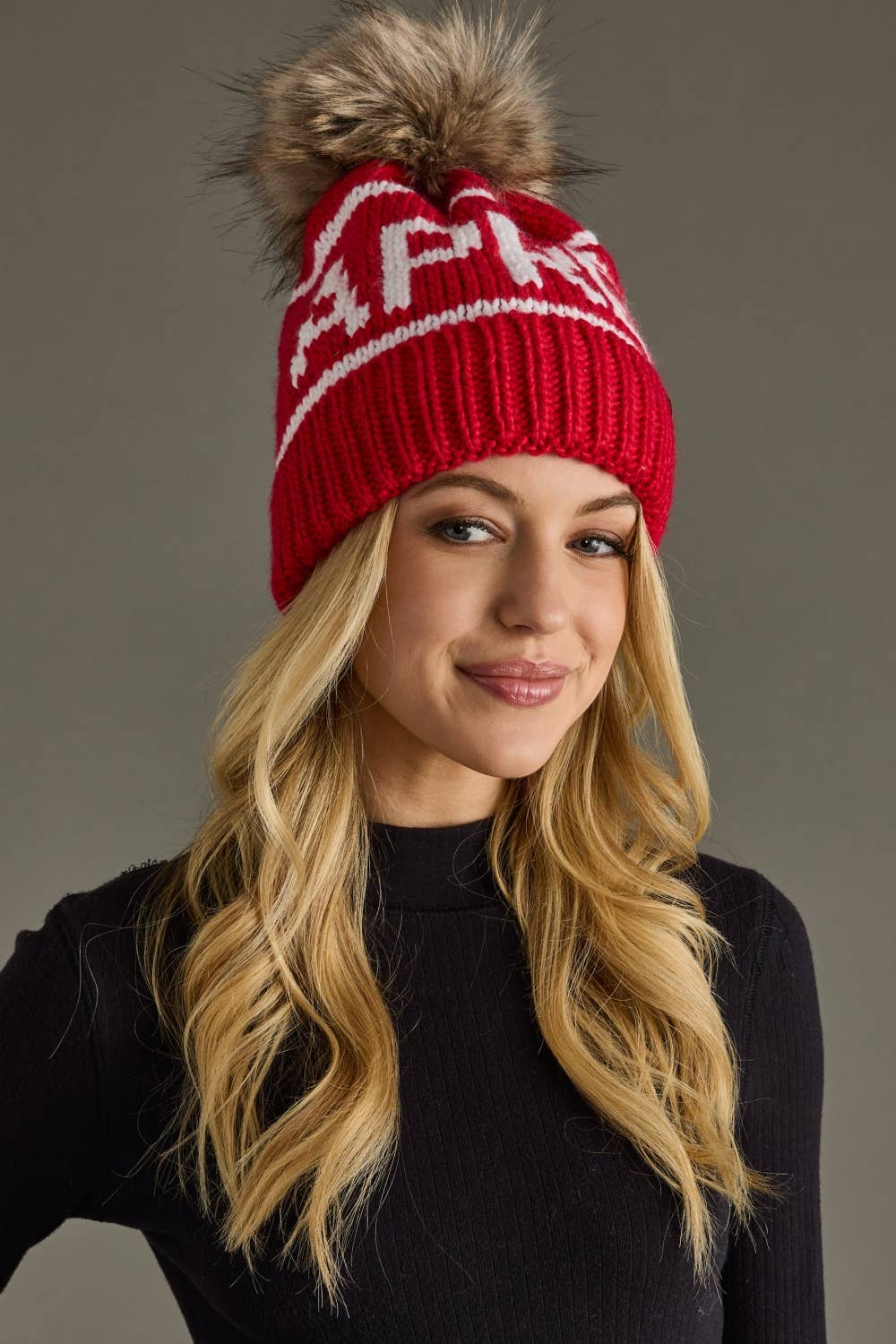 Red & White Apres Pom Hat