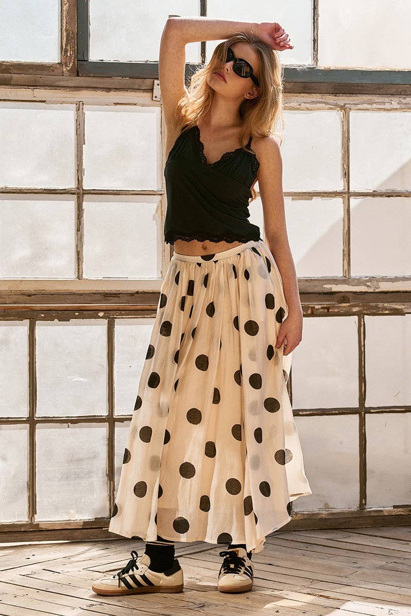 Polka Dot Pleated Midi Skirt w/Flowing Silhouette: CREAM