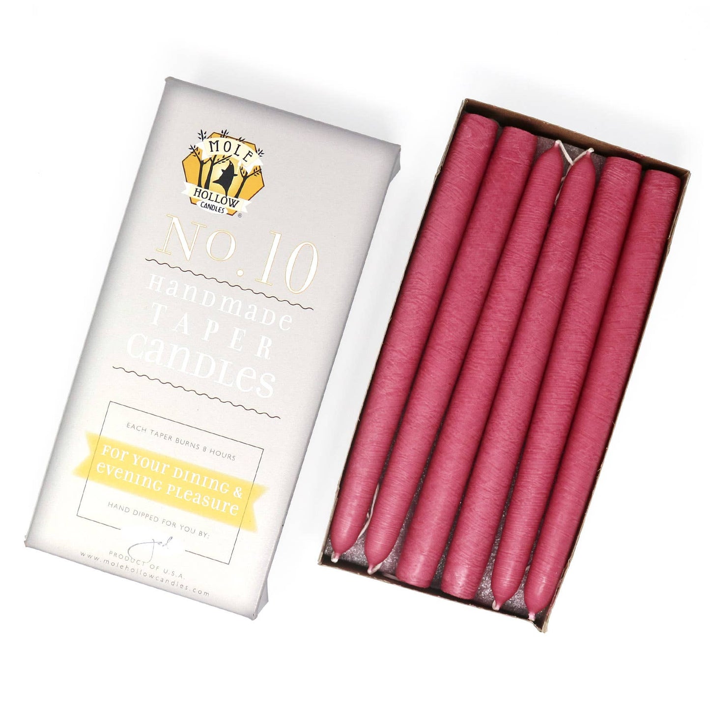 10" Hand Dipped Unscented Taper Candles - 39 Colors USA Made: Mauve