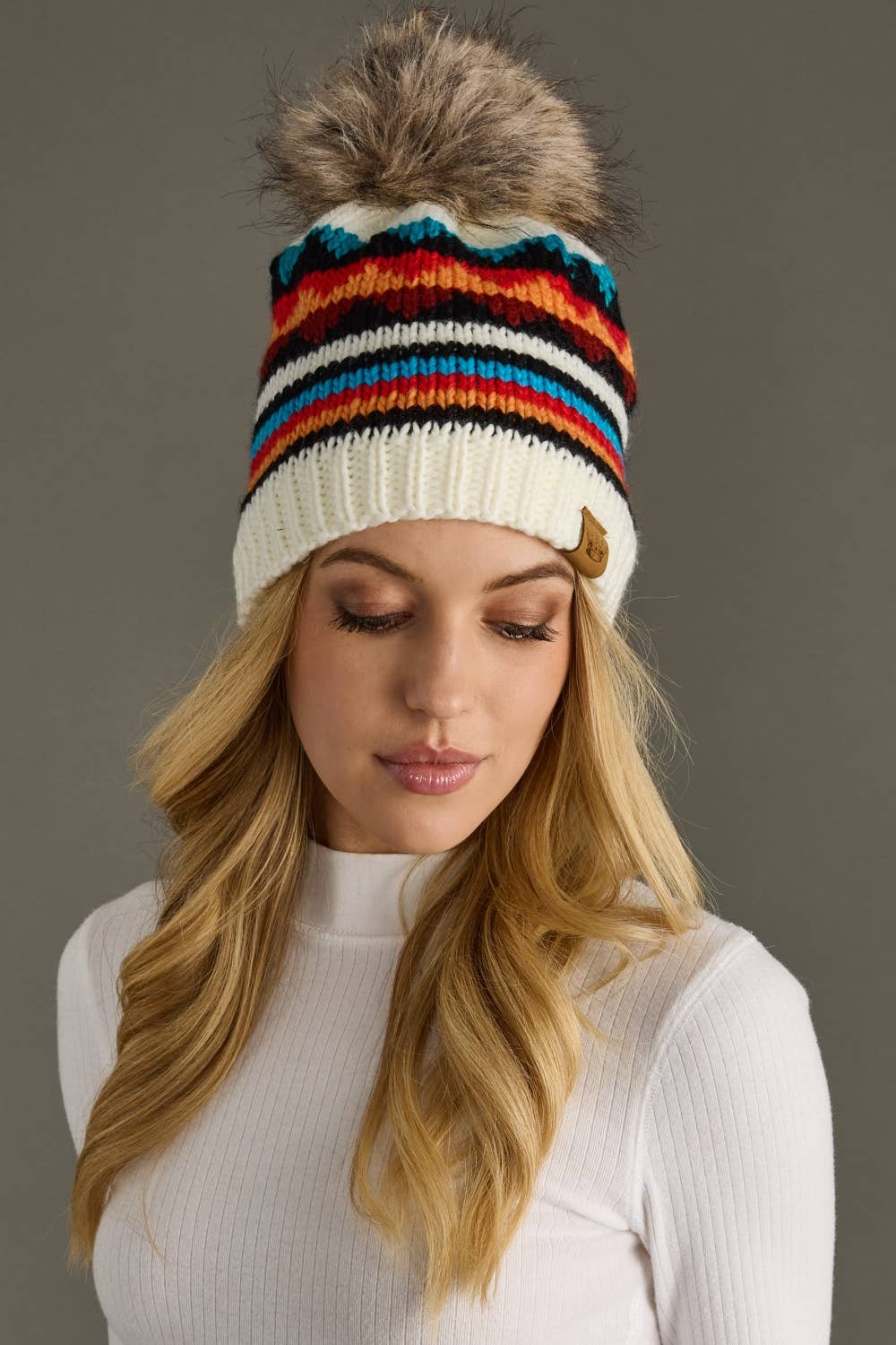 Ivory & Colorful Patterned Pom Hat