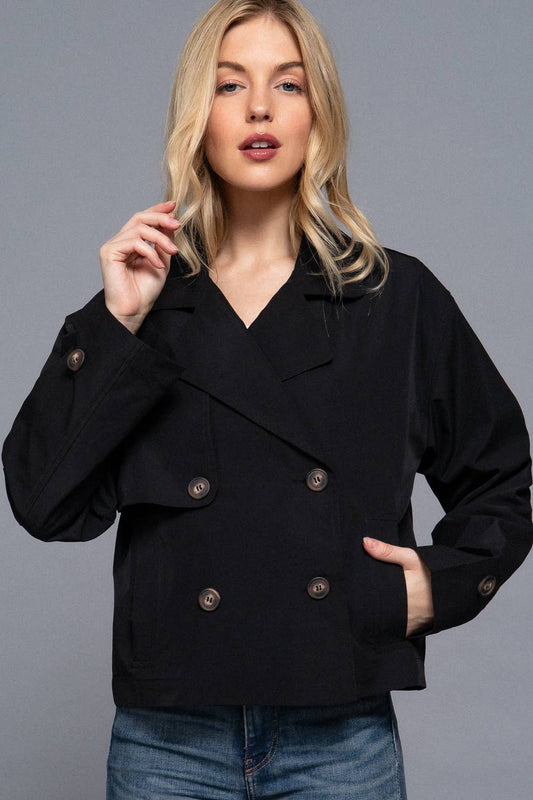 S-Long Sleeve Front Double Breasted Short Trench Jacket: BLK-black