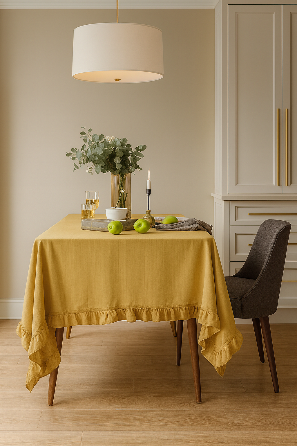 Yellow French Embroidered Ruffled Cotton Tablecloth: 55"X70" Rectangular