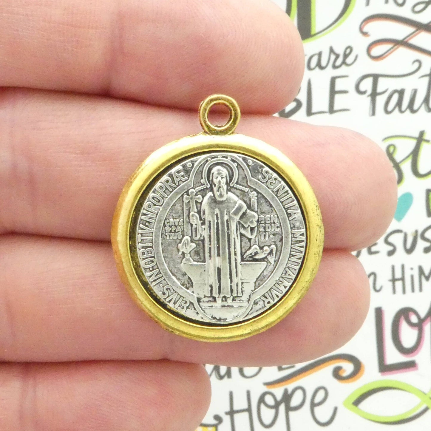Silver St Benedict Charm in Gold Bezel, 31x27mm Pendant