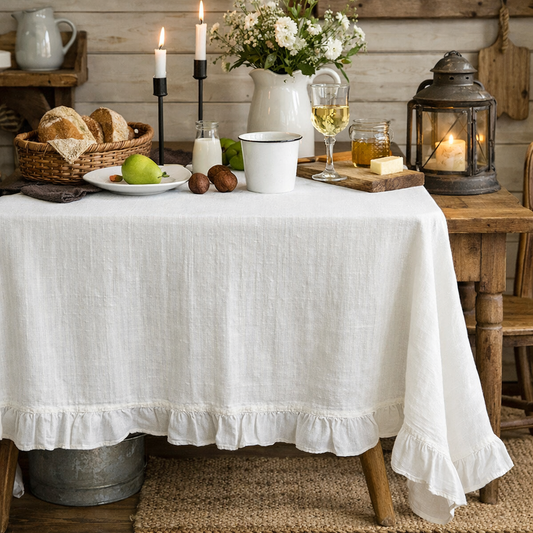 White French Embroidered Ruffled Cotton Tablecloth: 55"x78" Rectangular