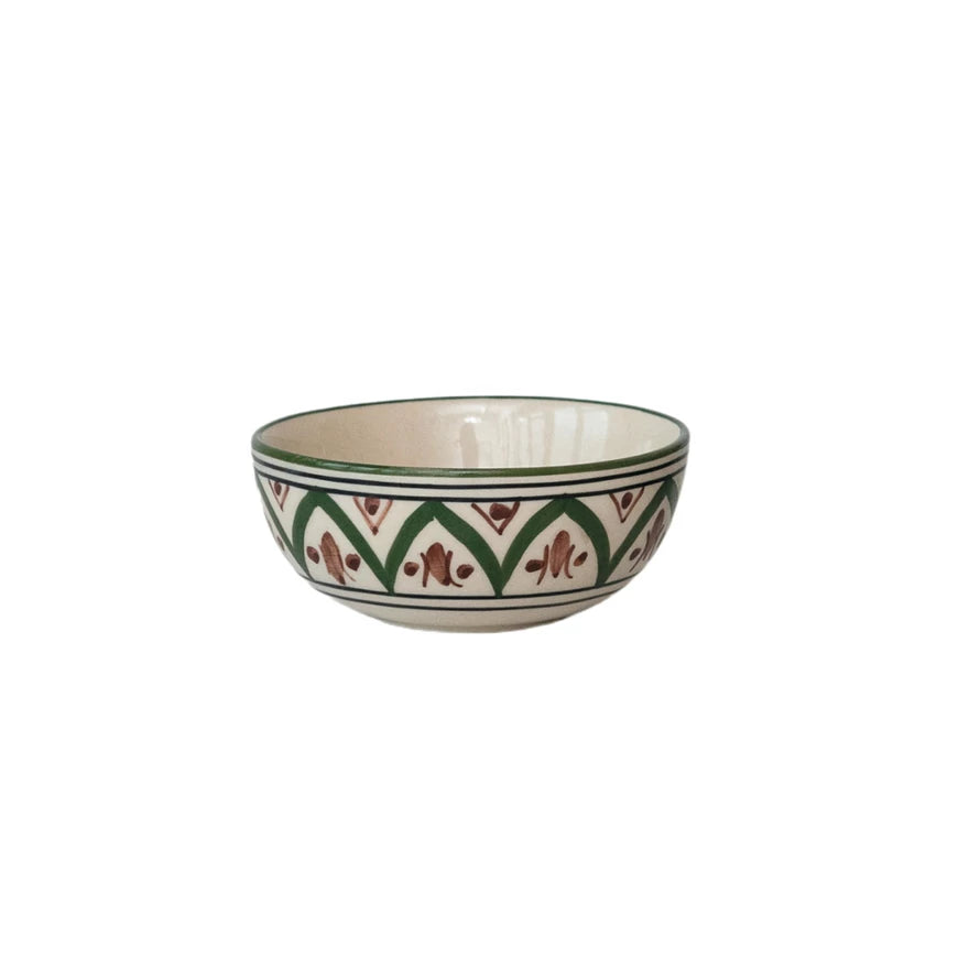 Bowl -Brown & Green Hand-Painted Stoneware w/ Design