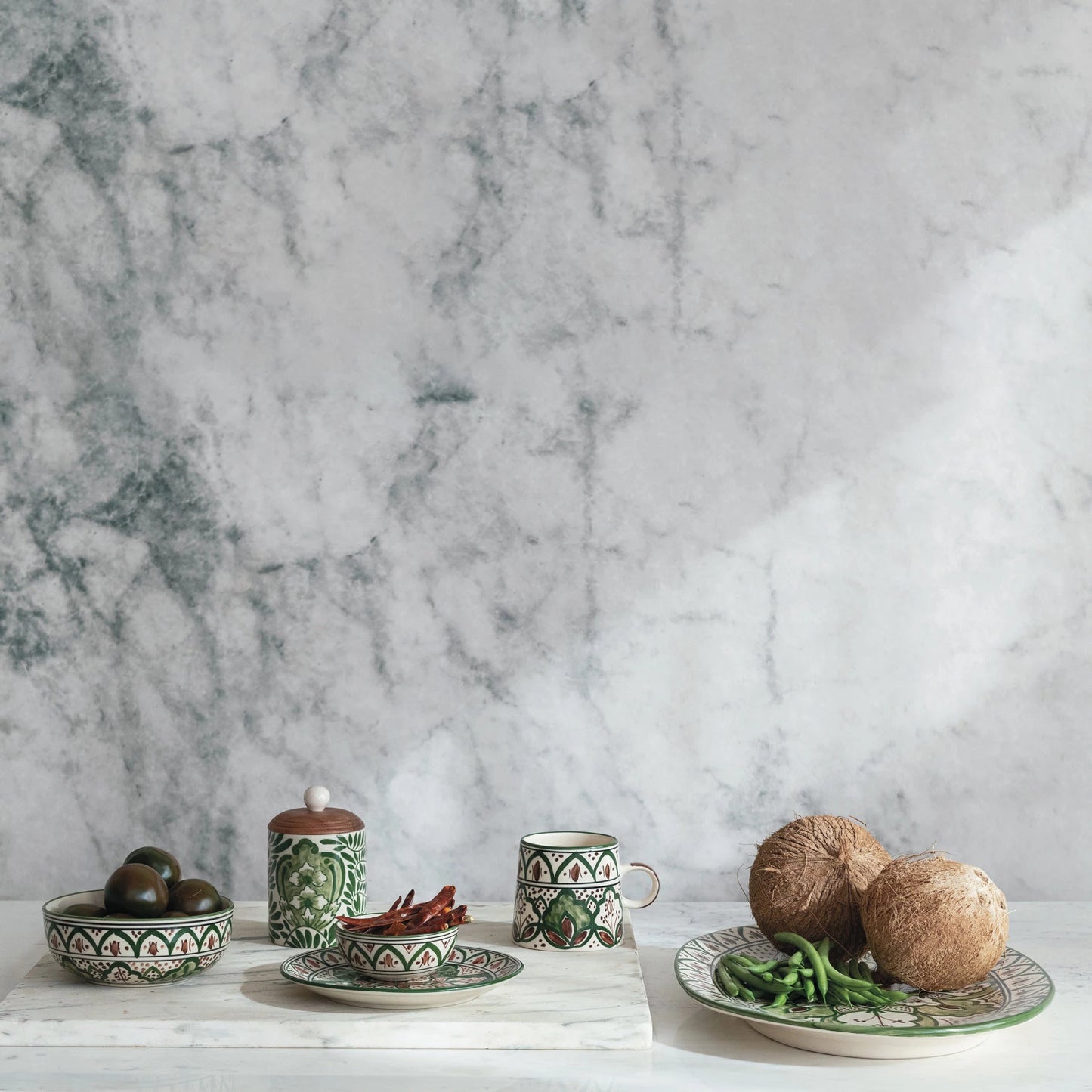 Bowl -Brown & Green Hand-Painted Stoneware w/ Design