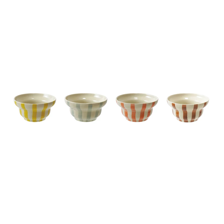 Hand-Painted Stoneware Striped Bowl, 4 Colors