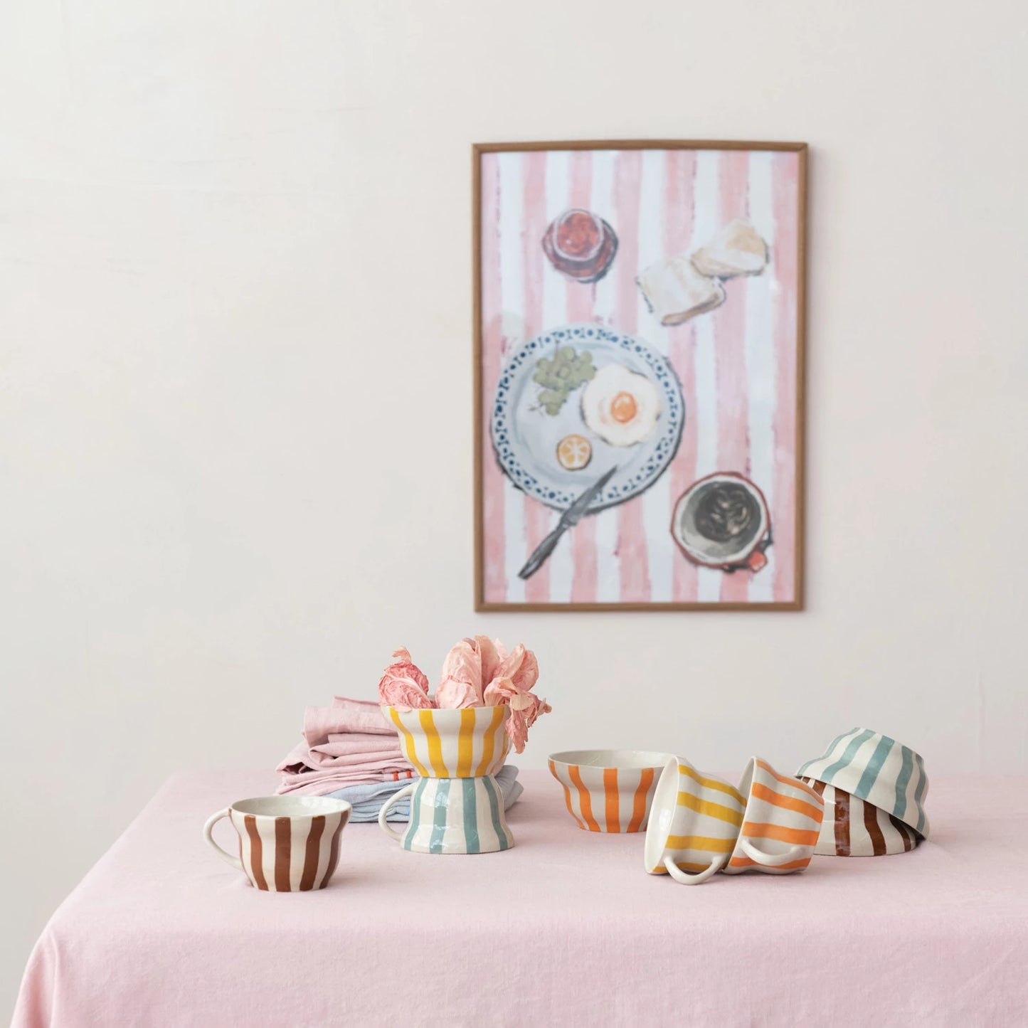 Hand-Painted Stoneware Striped Bowl, 4 Colors