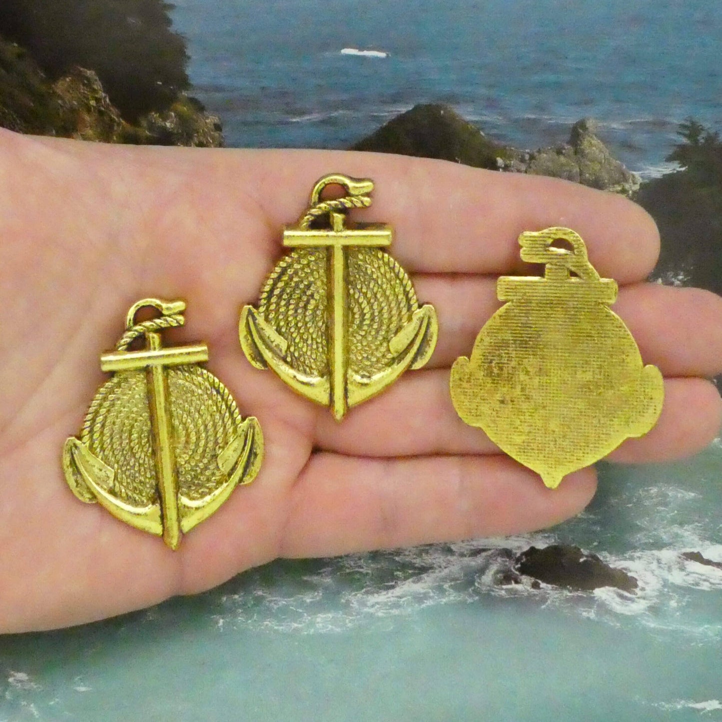 Large Gold Anchor Charm Pendant in Antique Pewter