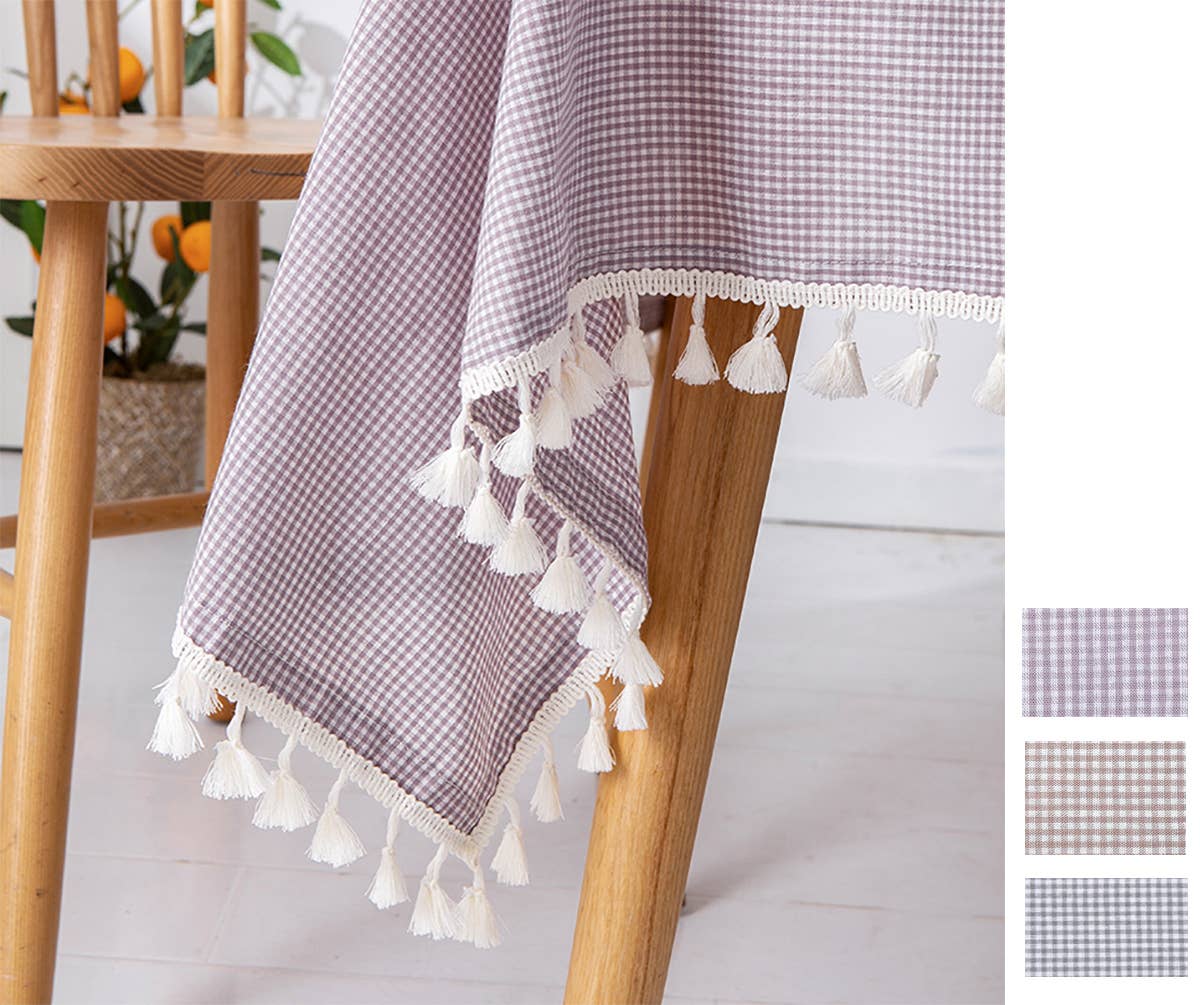 Purple Gingham Plaid Tasseled Cotton Tablecloth: 56"x80"