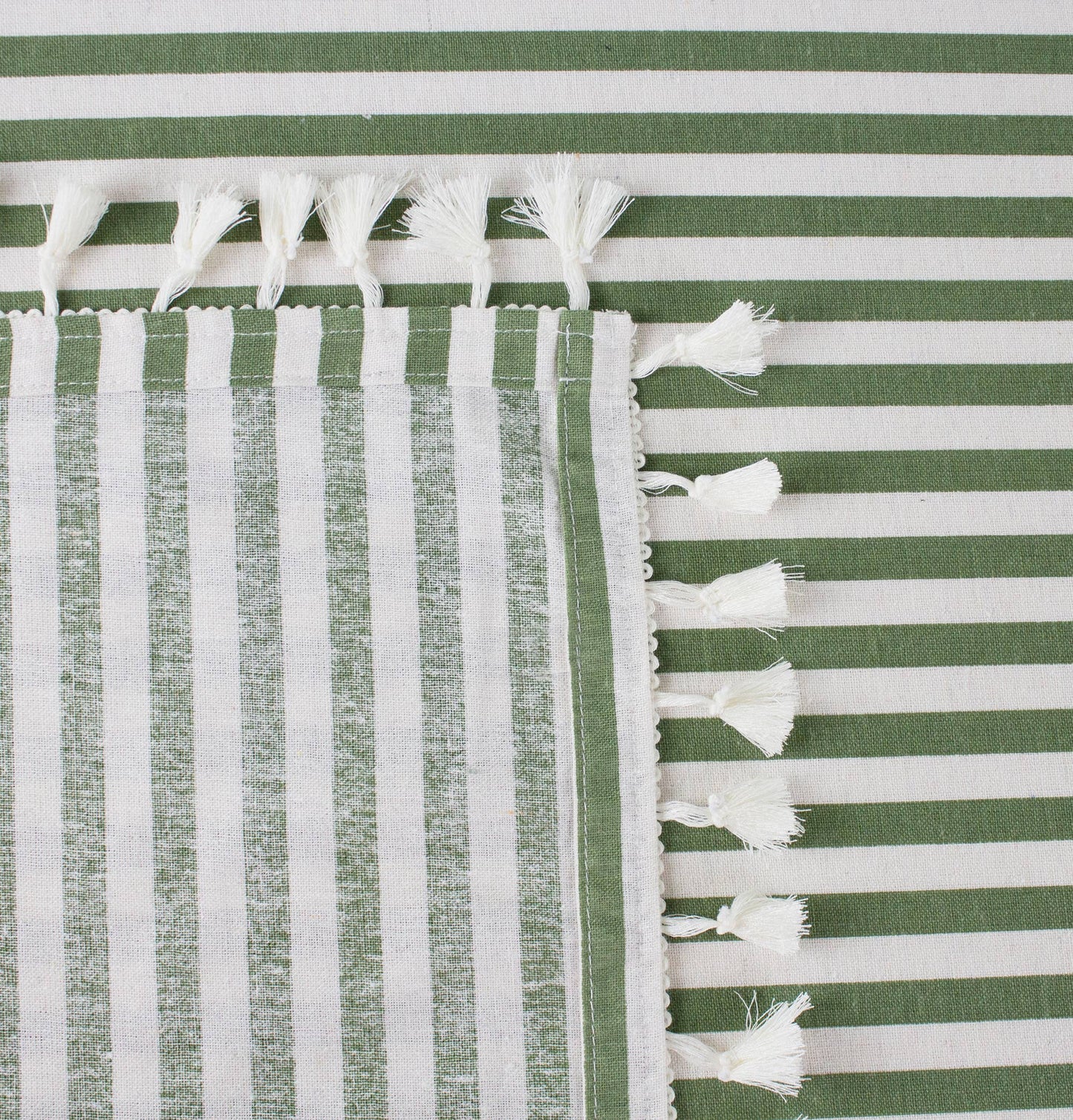 Green Rustic Simply Striped Tasseled Cotton Blend Tablecloth