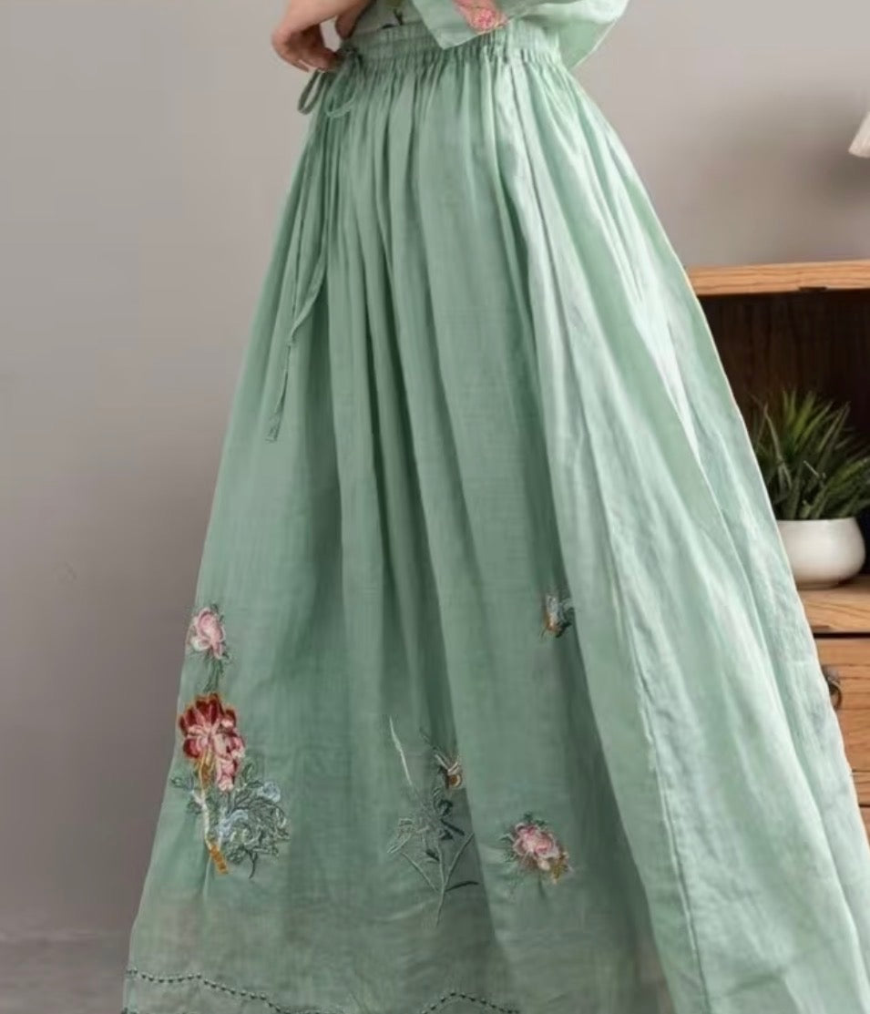 Embroidered Maxi Skirt- Sage Green