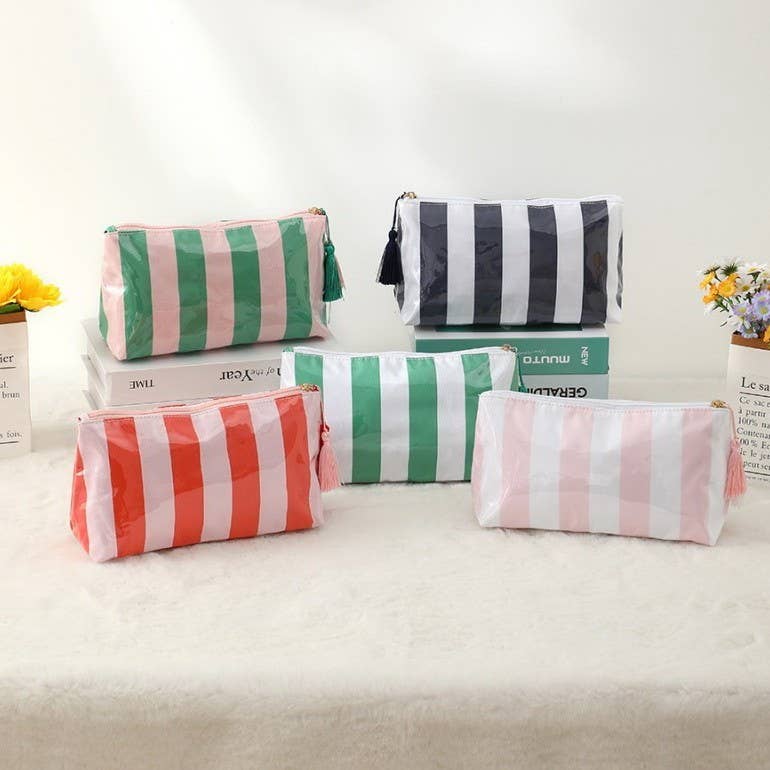 PINK GREEN:TRAVEL STRIPE COSMETIC MAKEUP POUCH BAG