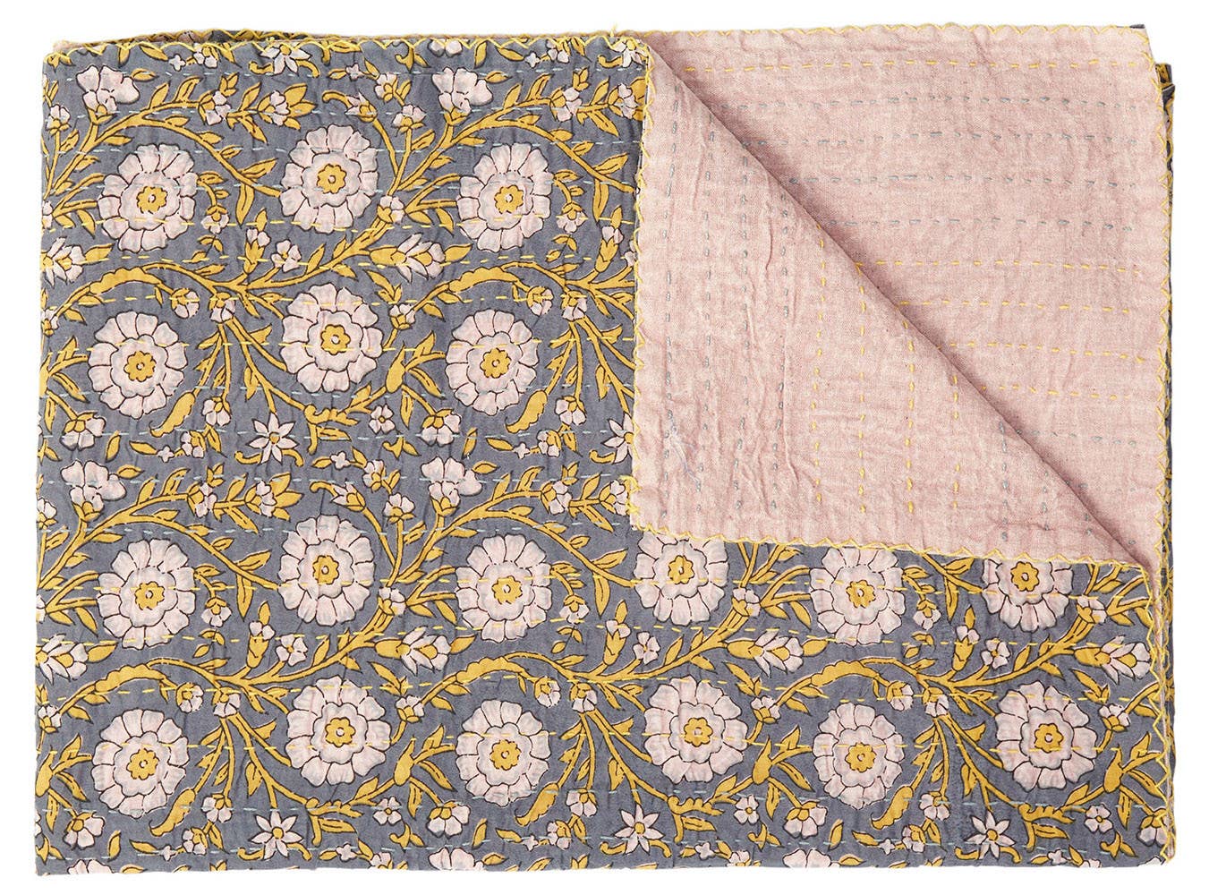 50" X 70" Gray And Yellow Floral Cotton Quilted Kantha Throw