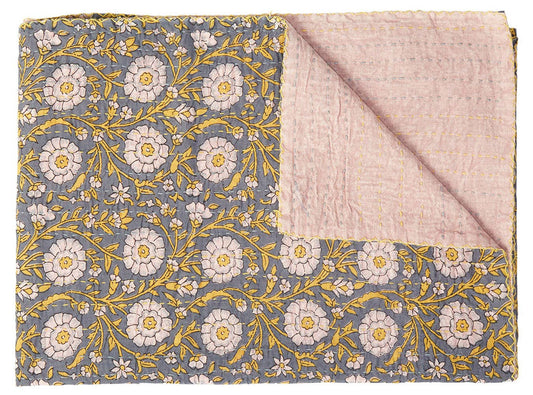 50" X 70" Gray And Yellow Floral Cotton Quilted Kantha Throw