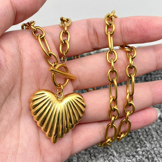 18K Golden SS Heart Charm Ot Buckle Chain Necklace - FGS