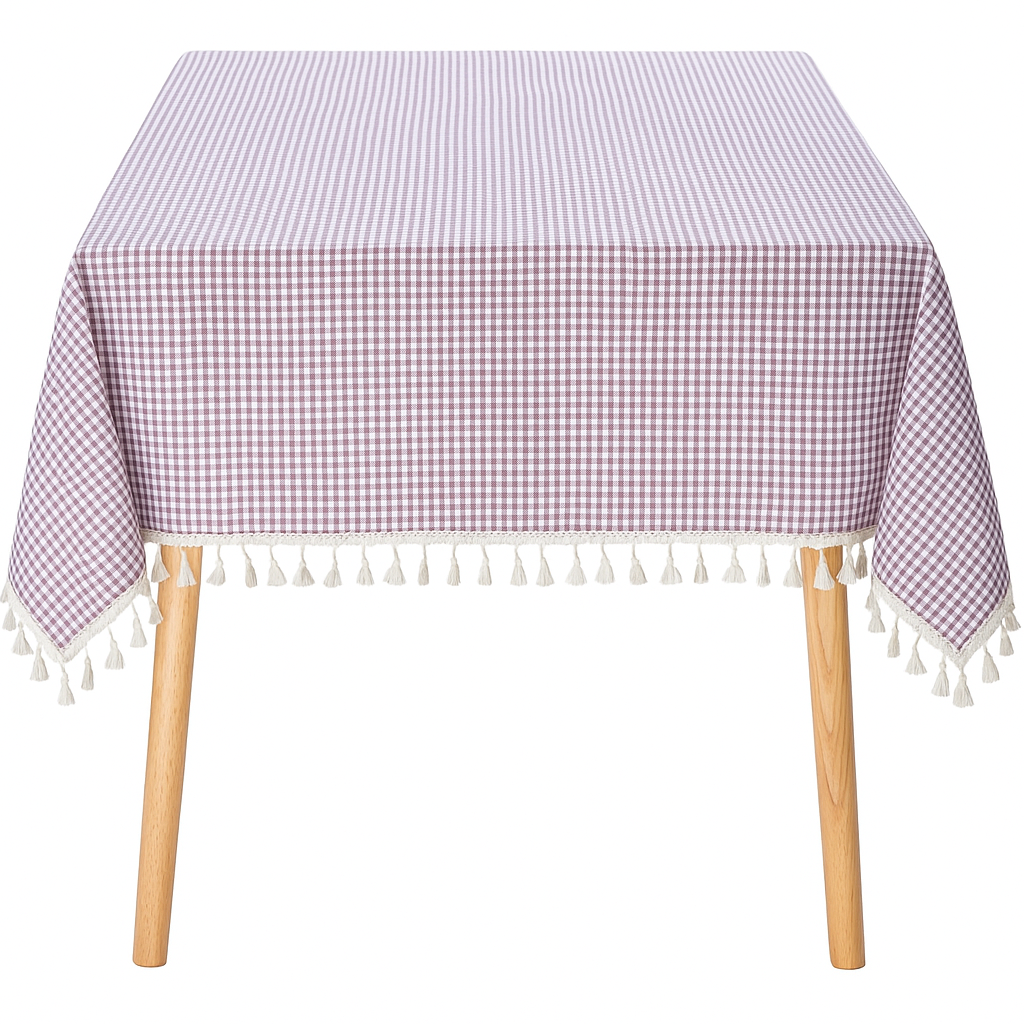 Purple Gingham Plaid Tasseled Cotton Tablecloth: 56"x80"