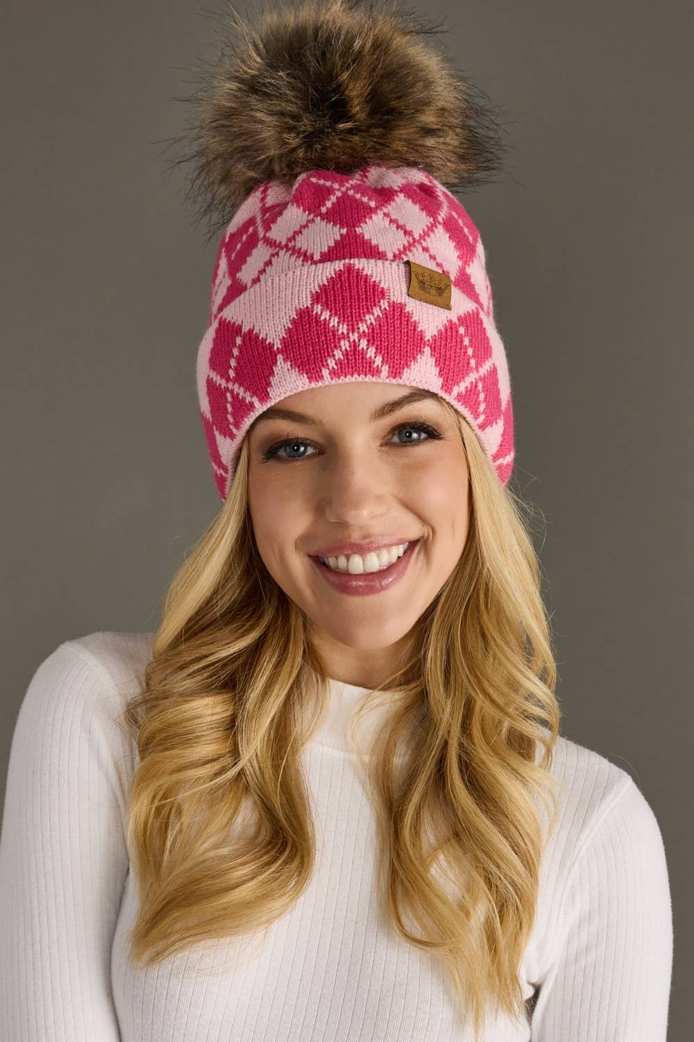 Pink & Blush Argyle Pattern Pom Hat