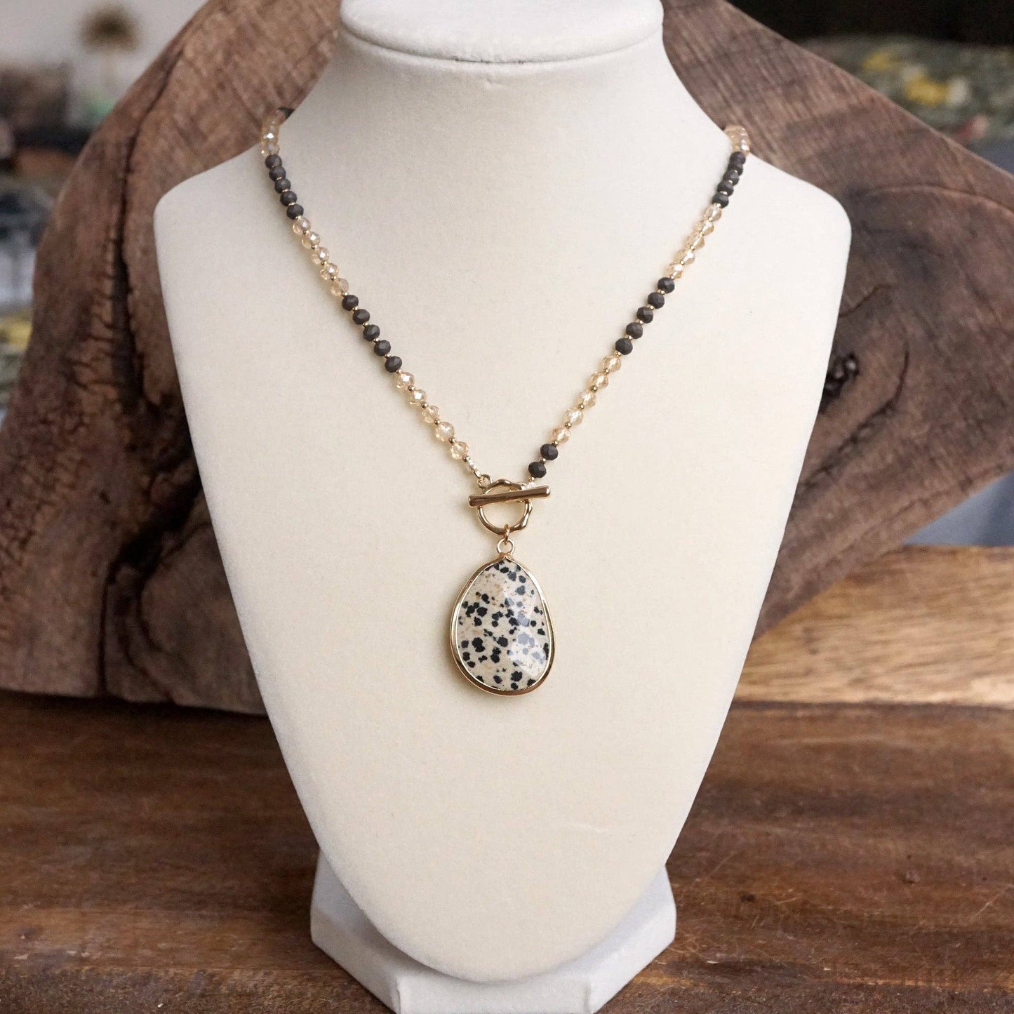 Short Beaded Necklace with Semi-Precious Teardrop Stone Pendant: Neutrals