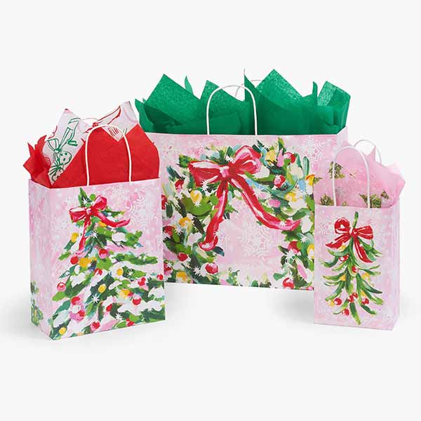 Pink Christmas Paper Retail Gift Bags: Cub 8x4.75x10.25" / 100