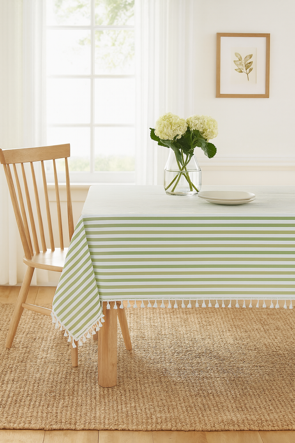 Green Rustic Simply Striped Tasseled Cotton Blend Tablecloth: 55"X80"