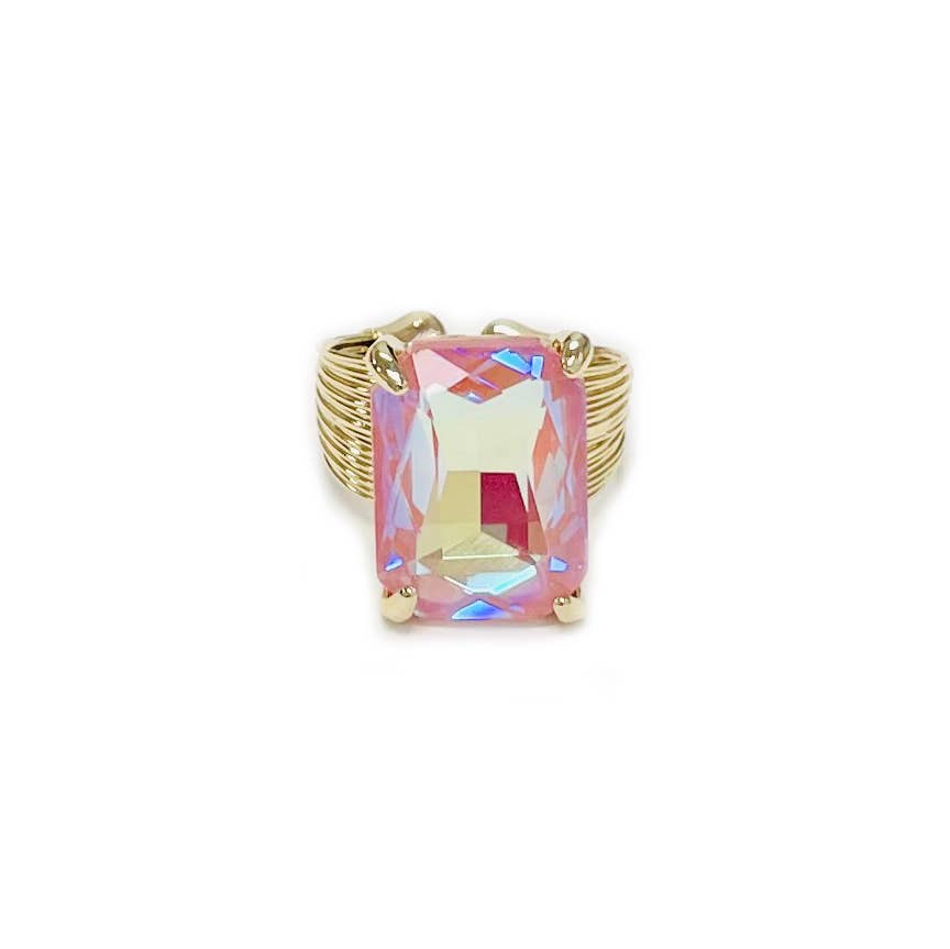 Square Glass Cushion Cut Cocktail Adjustable Wire Ring: ROSE-AB