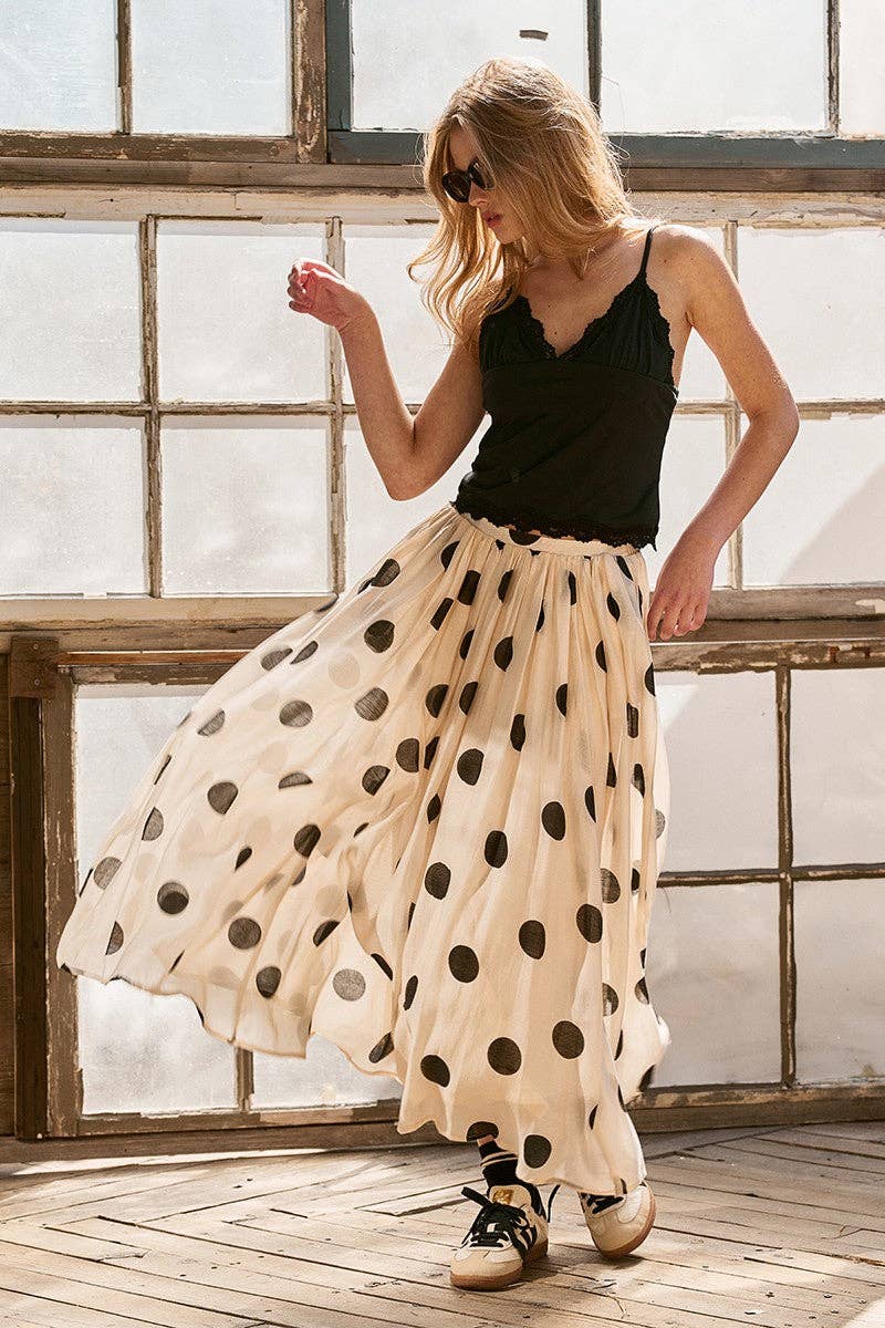 Polka Dot Pleated Midi Skirt w/Flowing Silhouette: CREAM