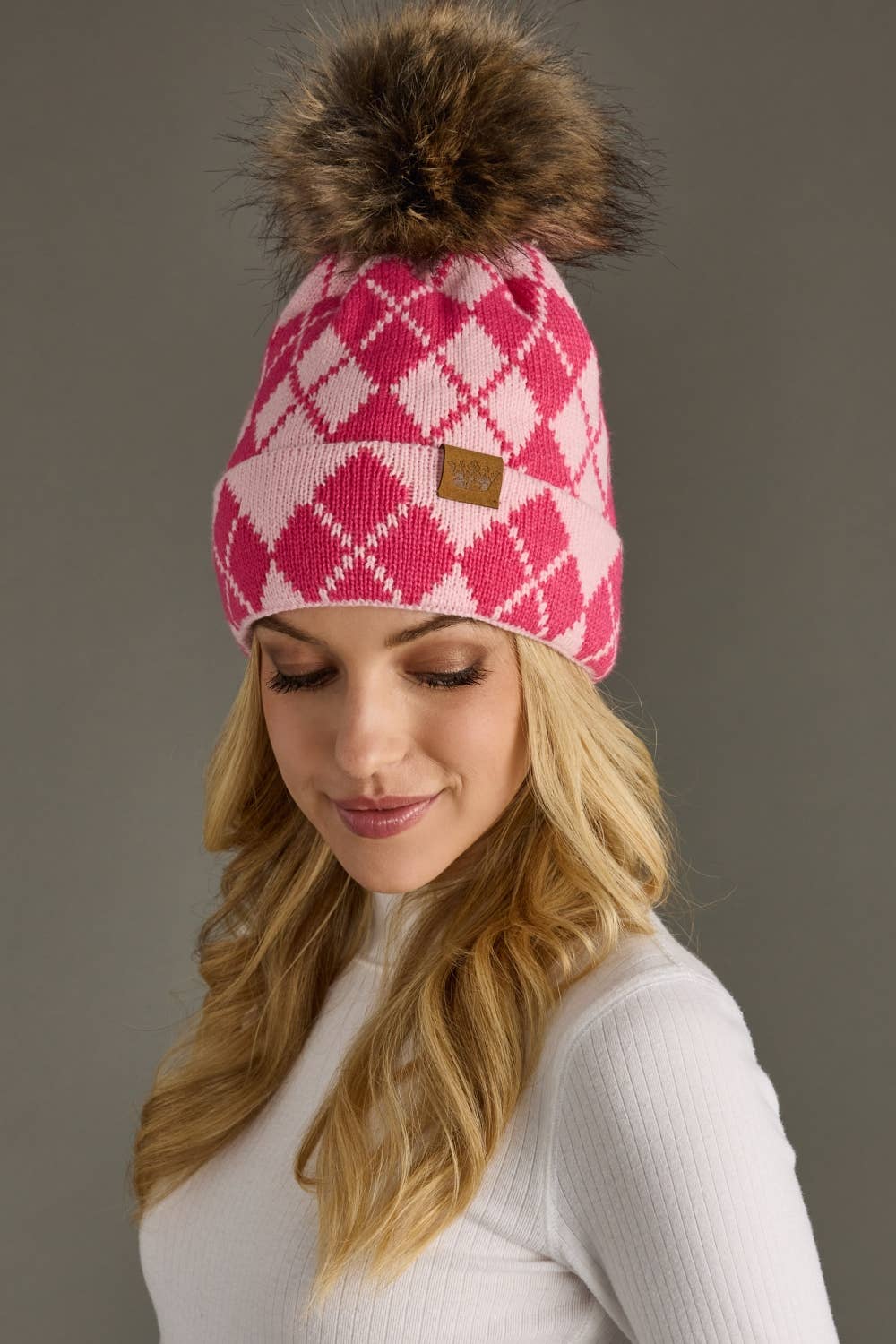 Pink & Blush Argyle Pattern Pom Hat