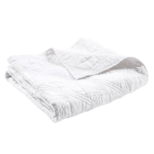 French Flax Washed Linen Quilted Throw: White