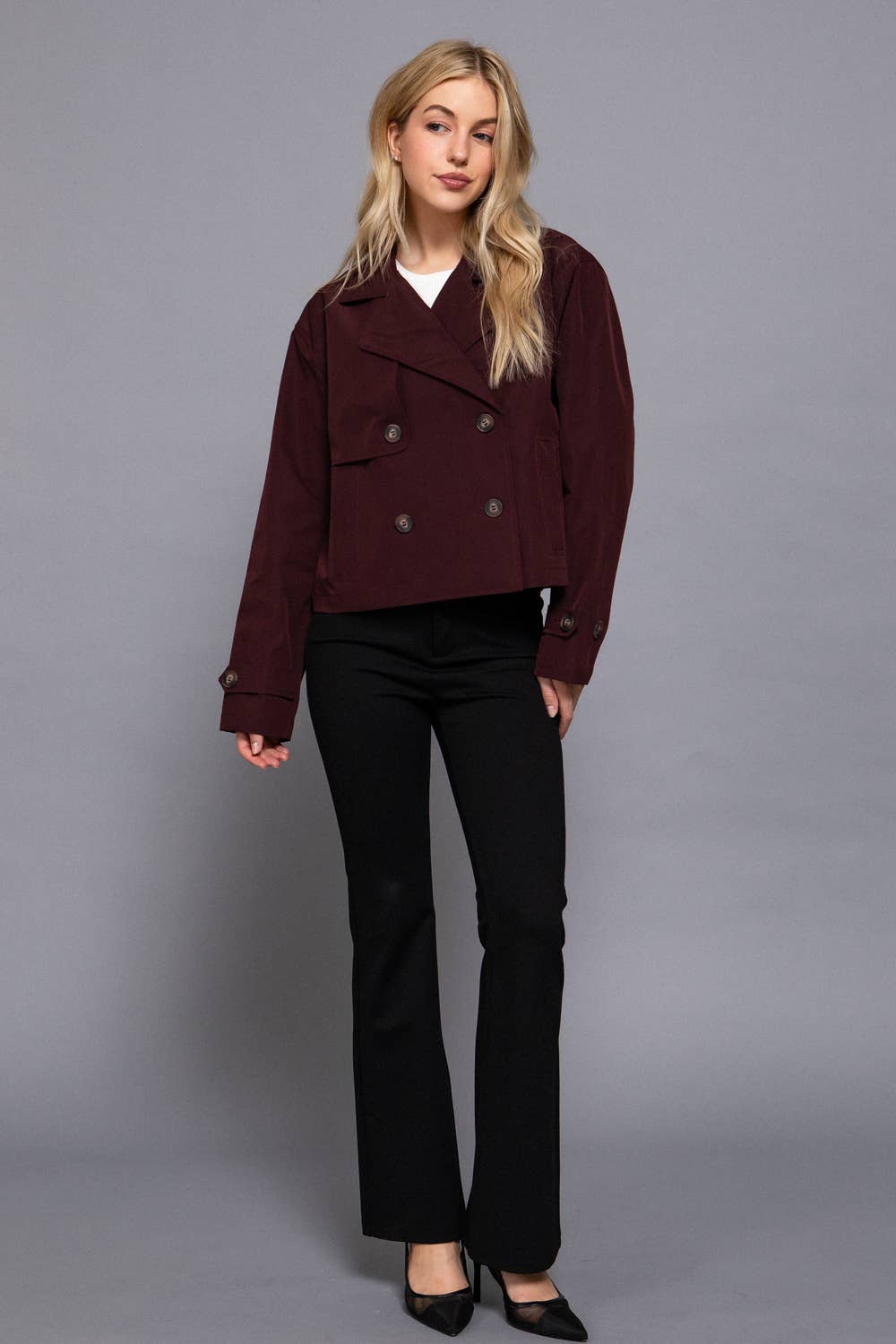 M-Long Sleeve Front Double Breasted Short Trench Jacket: BLK-black