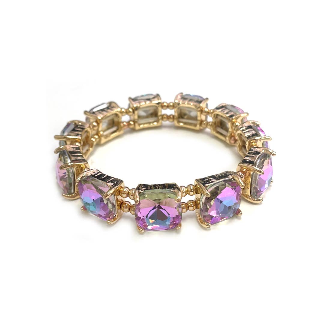 Cushion Cut Glass Crystal Linked Stretch Bracelet: MINT-AB