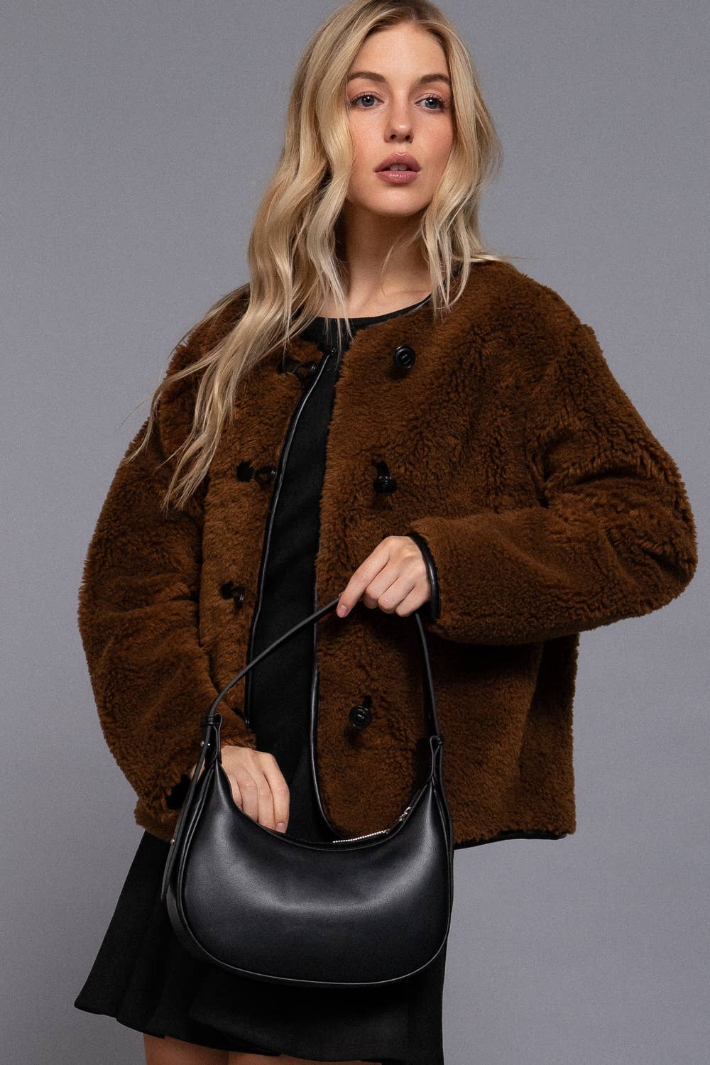 M-Long Sleeve Crew Neck with Toggle Look Button Fluffy Jacket: BRN-brown