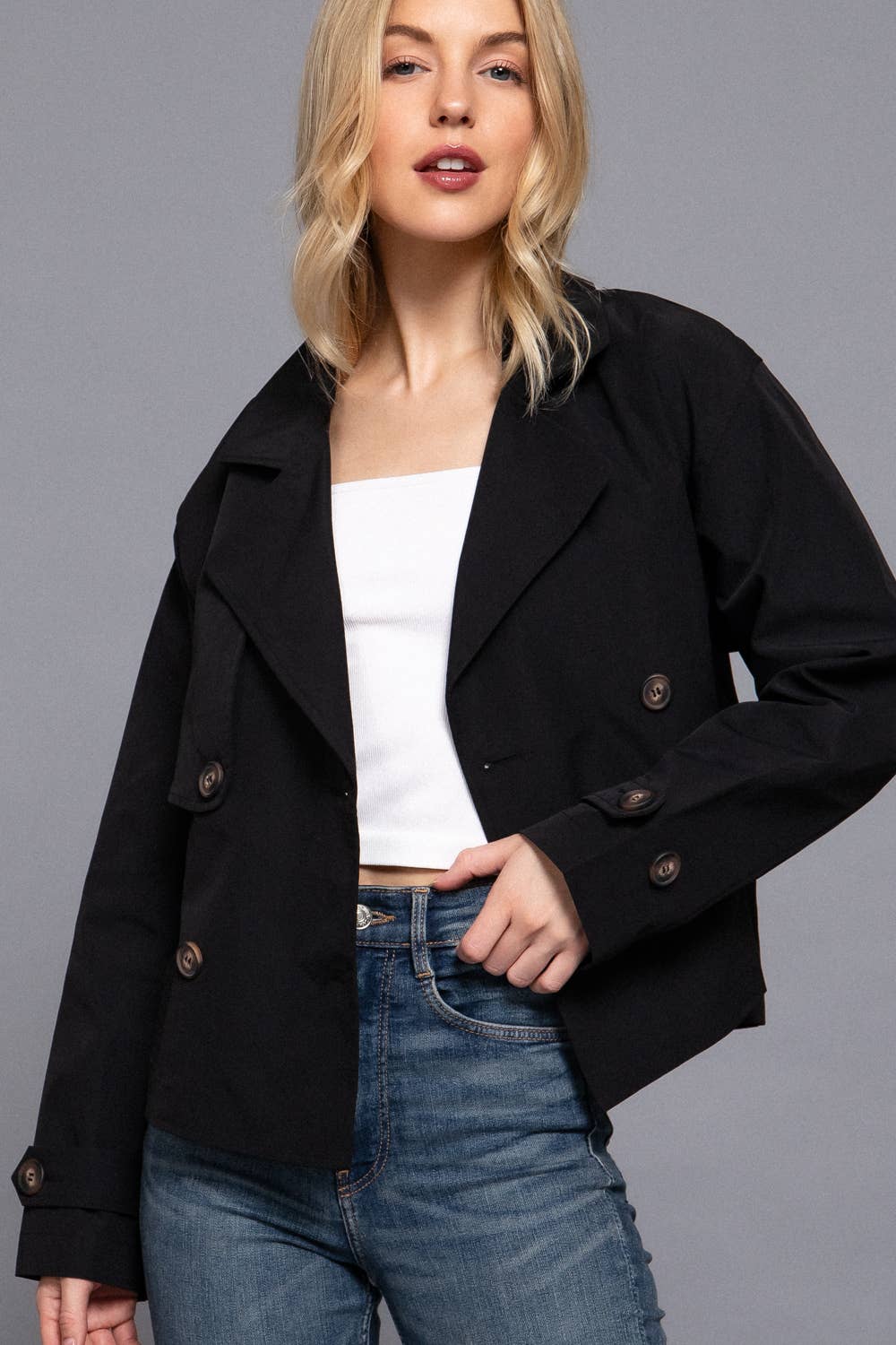 M-Long Sleeve Front Double Breasted Short Trench Jacket: BLK-black