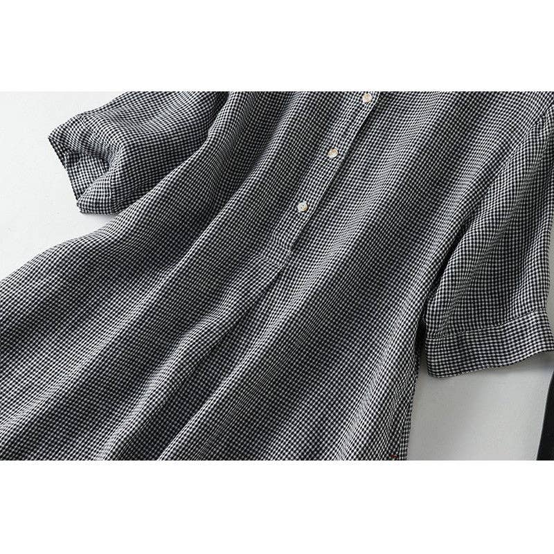 Short Sleeve Lapel A-Line Ramie Cotton Casual Retro Dress: BLACK / L