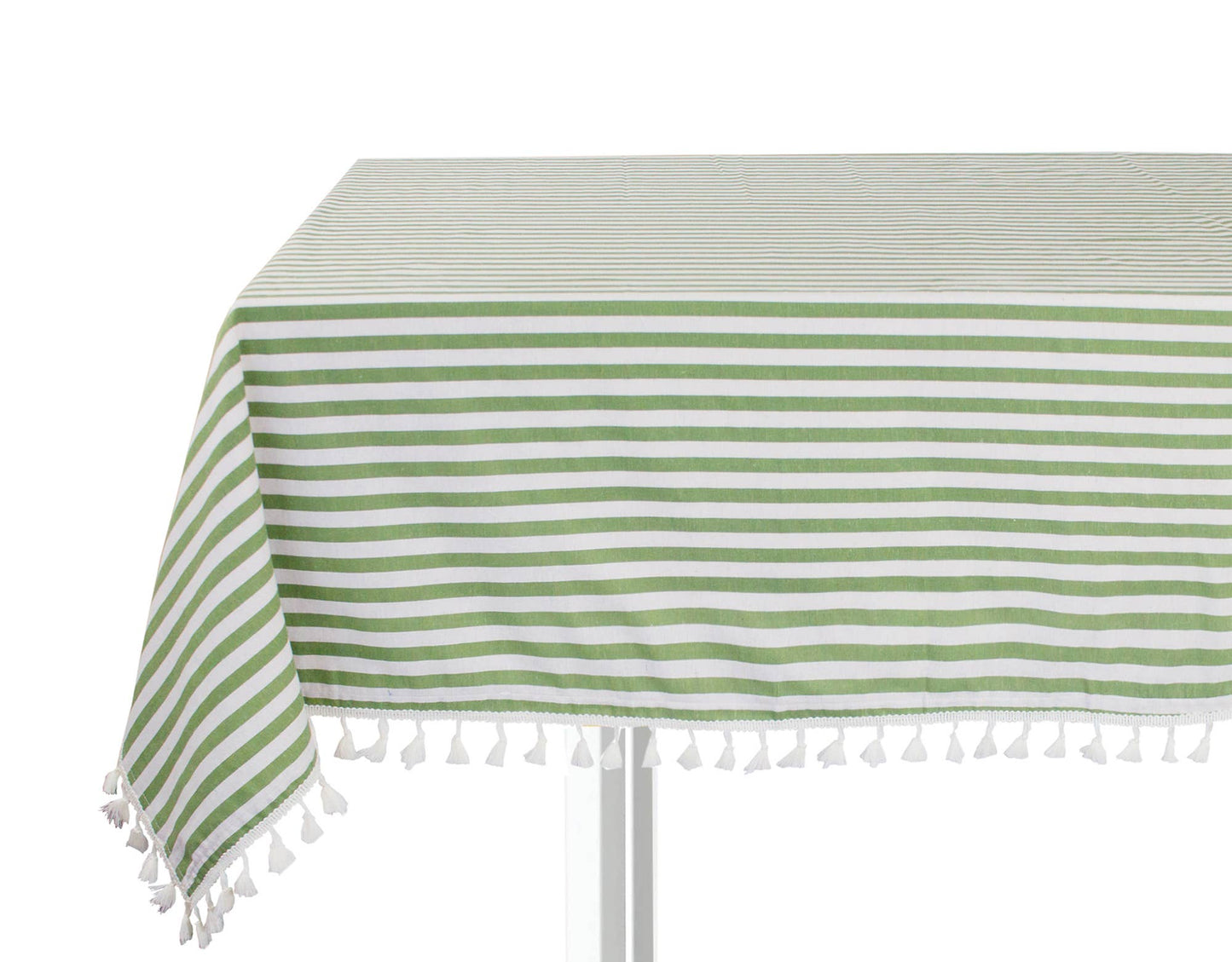 Green Rustic Simply Striped Tasseled Cotton Blend Tablecloth