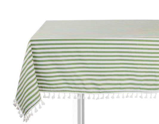 Green Rustic Simply Striped Tasseled Cotton Blend Tablecloth
