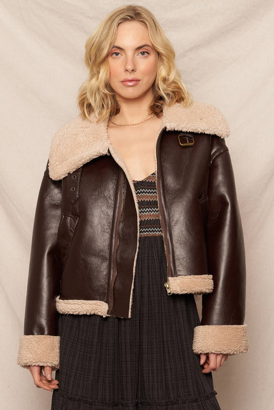 Oversized Faux Leather Aviator Jacket with Sherpa Trim: Brown / S