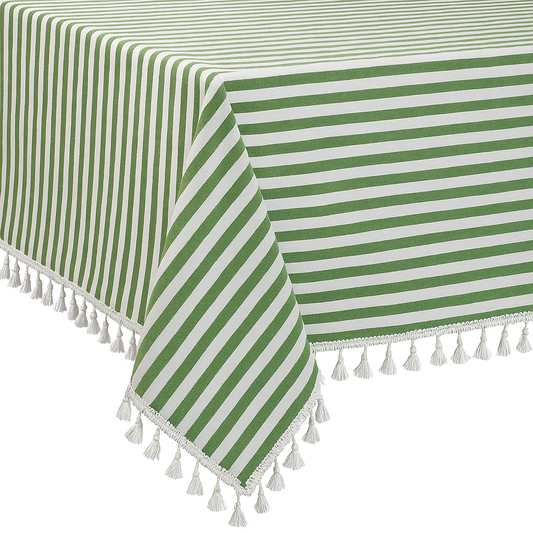 Green Rustic Simply Striped Tasseled Cotton Blend Tablecloth: 55"X80"