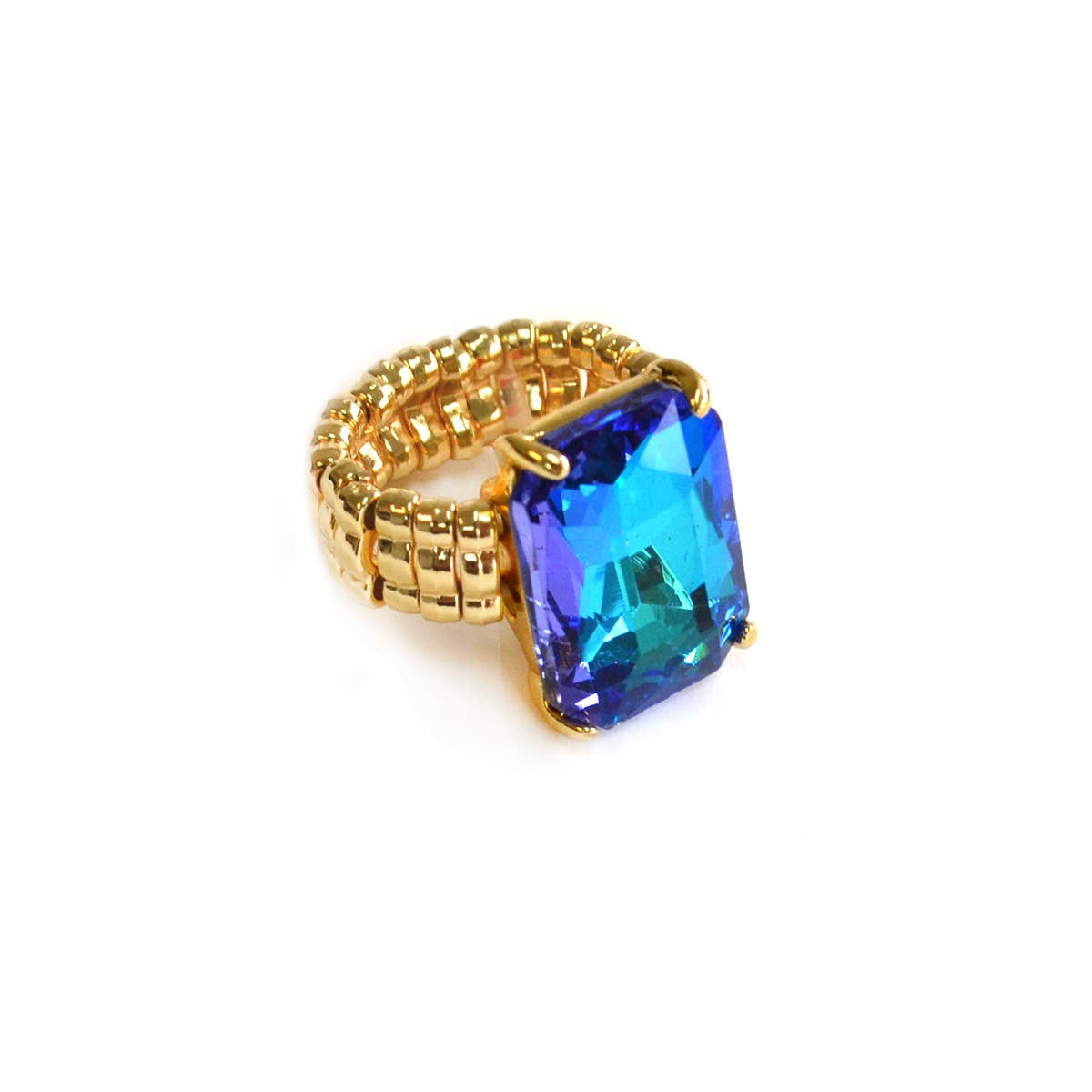 Rectangular Glass Cocktail Cut Stretched Adjustable Ring: X-Emerald