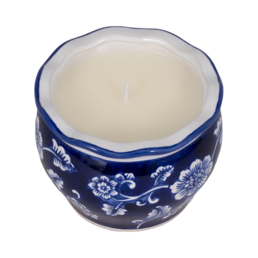 Candle - Blue/White Ceramic Chinoiserie Peony, 7 Oz