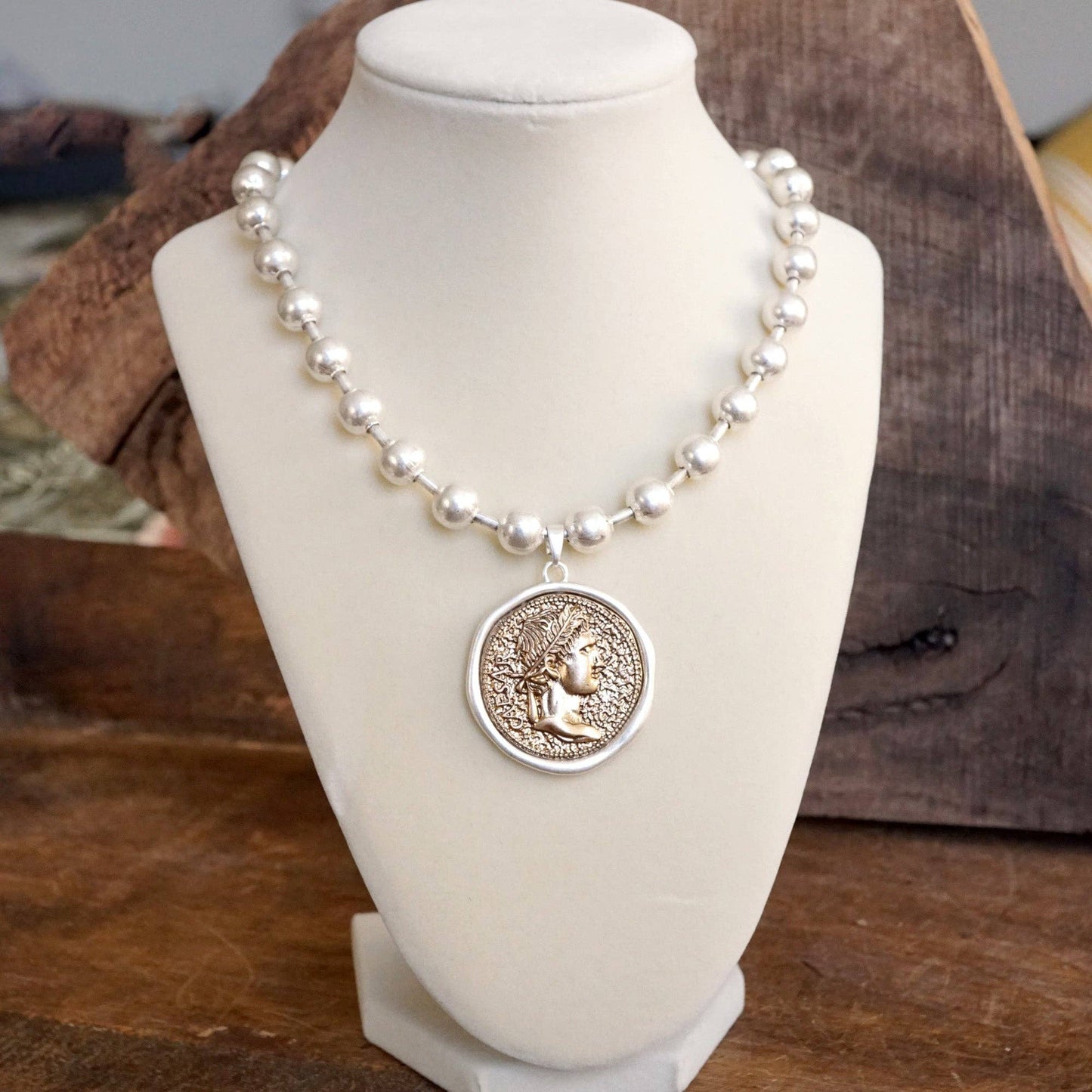 Coin Chunky Ball Chain Statement Necklace – Gold and Silver Tone: Silver