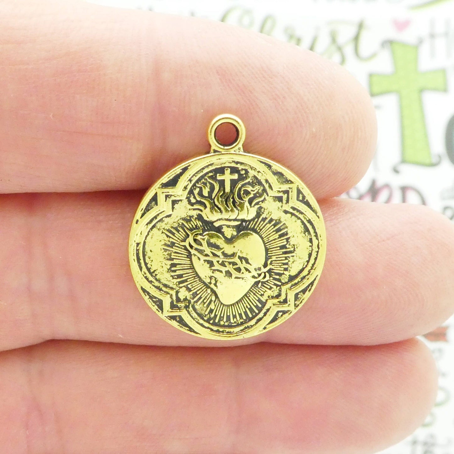 5 Gold Sacred Heart of Jesus Charm Pendant for Catholic Jewelry 25x21mm by TIJC SP1569