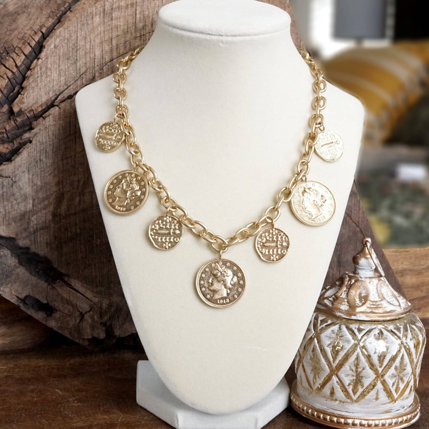 Boho Coin Charms Statement Necklace – Gold Tone
